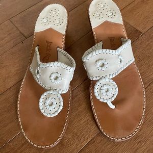 Jack Rogers embroidered midi heel leather sandals.
